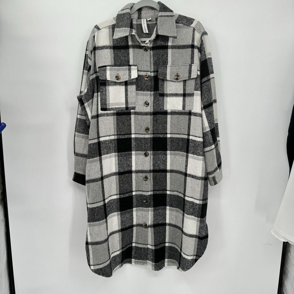 Grace + Karma Large Shacket Women Black White Plaid Longline Button Shirt Jacket